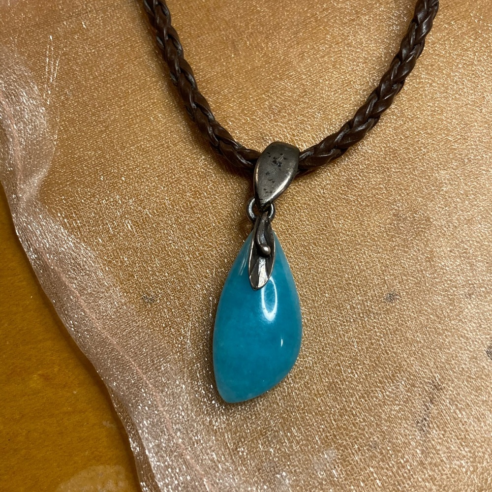 Amazonite and 925 Pendant on Braided Leather Cord